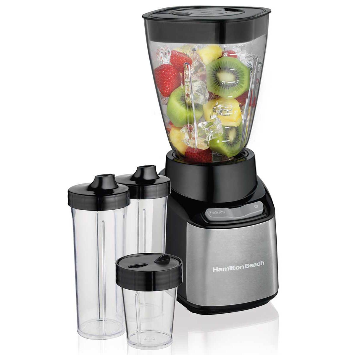 Hamilton Beach Stay Or Go Blender, 1L Jar, 250ml Jar For Grinding, Two 500 ml Portable Cups For Smoothies, Shatterproof Tritan Jars, 250 Watts, Stainless Steel, 52400Kitchen AppliancesThe Hamilton Beach Stay or Go Blender (52400) is a versatile, all-in-on